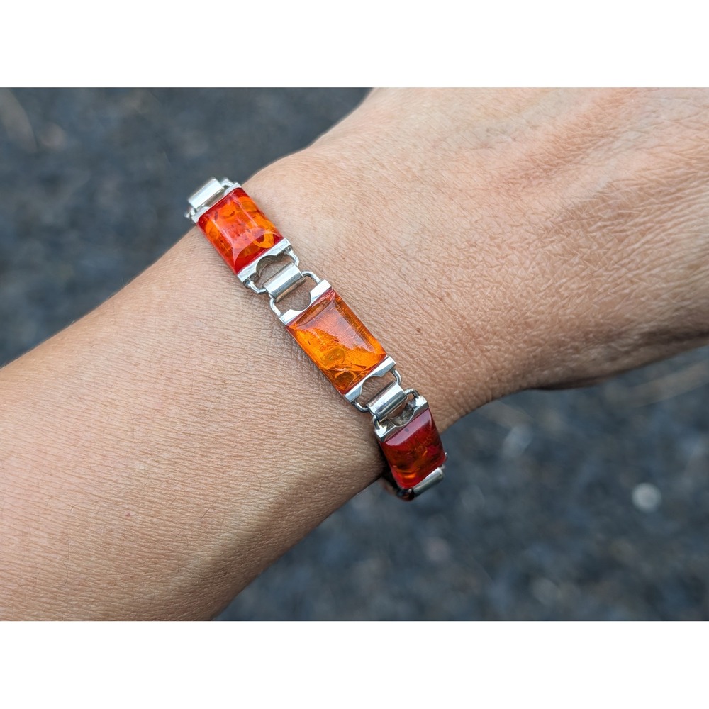 Vintage Cognac Amber Bracelet Silver Statement Jewelry Art Deco sz‎ 7.25 ***